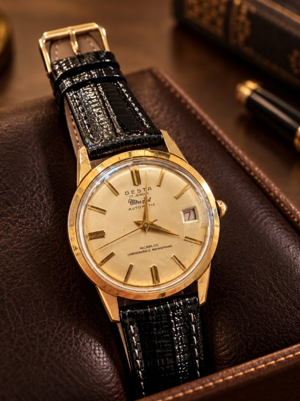 Vintage DESTA Ultraflat Automatic 17 Jewels Date Watch Gold Tone Mens Dress Watc